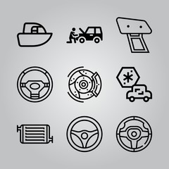 Simple 9 icon set of electronics related car, steering wheel, radiator and ship vector icons. Collection Illustration