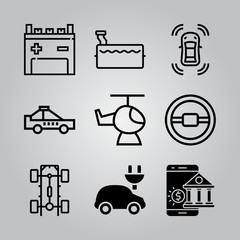 Simple 9 icon set of electronics related chassis, steering wheel, car charging and taxi vector icons. Collection Illustration