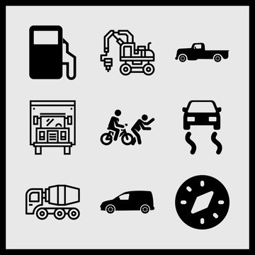 Simple 9 icon set of car related cement truck, truck, fuel dispenser and compass vector icons. Collection Illustration