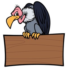 Vulture with Sign - A vector cartoon illustration of a Vulture sitting on a wood Sign.