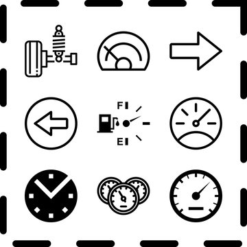 Simple 9 icon set of arrow related wheel, left arrow, fuel counter and speedometer vector icons. Collection Illustration