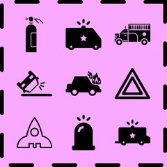 Simple 9 icon set of fire related police van, fire truck, rocket outlined space ship and hazard vector icons. Collection Illustration