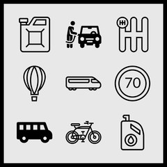 Simple 9 icon set of car related fuel, gear, school bus and bicycle vector icons. Collection Illustration