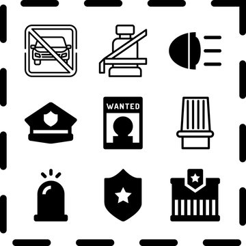 Simple 9 icon set of law related police badge, wanted, police cap and no parking vector icons. Collection Illustration
