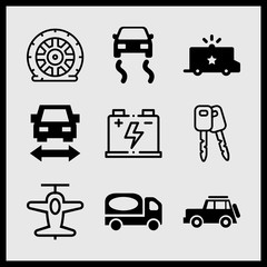 Simple 9 icon set of car related car repair, battery, car key and police van vector icons. Collection Illustration