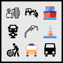Simple 9 icon set of car related sailboat, car, minibus and boat vector icons. Collection Illustration