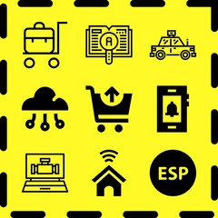 Simple 9 icon set of online related esp, shopping cart, trolley and cab vector icons. Collection Illustration
