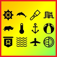 Jumping dolphin, helm and airplane upward related icons set