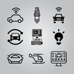 Simple 9 icon set of electronics related helicopter, car parts, car and idea vector icons. Collection Illustration