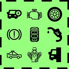Simple 9 icon set of service related car repair, engine, car repair and car key vector icons. Collection Illustration