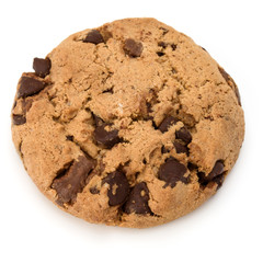 One Chocolate chip cookie isolated on white background. Sweet biscuit. Homemade pastry.