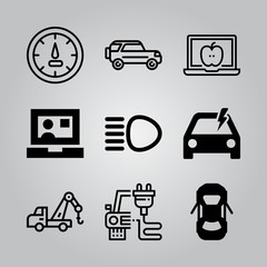 Simple 9 icon set of electronics related problem electric, laptop, crane and car with spare tire vector icons. Collection Illustration