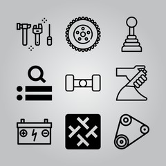Simple 9 icon set of electronics related gearbox, search engine, car parts and timing belt vector icons. Collection Illustration
