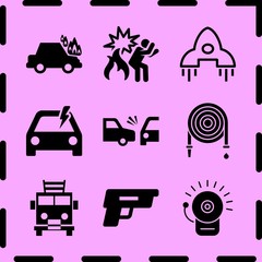 Simple 9 icon set of fire related car on fire, fire, problem electric and hose vector icons. Collection Illustration