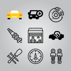 Simple 9 icon set of electronics related car parts, brake, spark plug and screwdriver vector icons. Collection Illustration