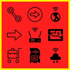 Simple 9 icon set of internet related router, sim card, right arrow and right arrow vector icons. Collection Illustration