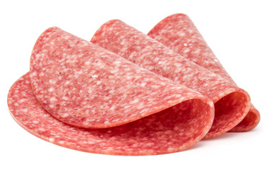 Salami smoked sausage slices isolated on white background