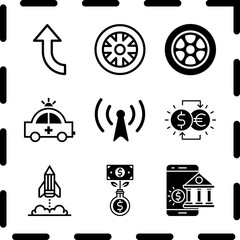 Simple 9 icon set of finance related online banking, startup, up arrow and exchange vector icons. Collection Illustration