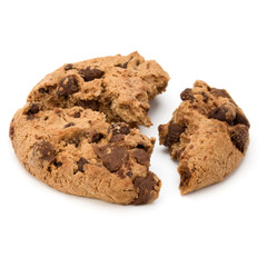 One broken Chocolate chip cookie isolated on white background. Sweet biscuit crumbs. Homemade pastry.