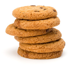 Stacked Chocolate chip cookies isolated on white background. Sweet biscuits. Homemade pastry.