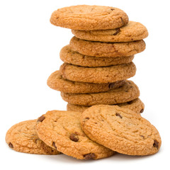 Stacked Chocolate chip cookies isolated on white background. Sweet biscuits. Homemade pastry.