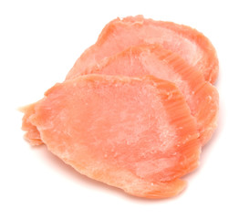 smoked salmon segments isolated on white background cutout. Prepared fish fillet fibres.