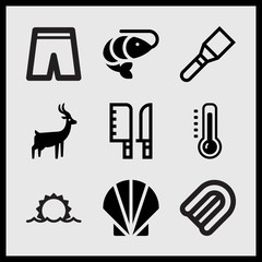 Simple 9 set of Summer related antelope, short pants, sun rise and shrimp vector icons