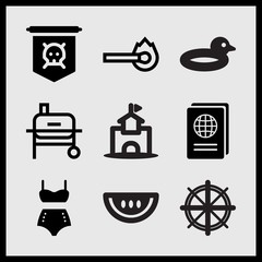 Simple 9 set of Summer related jolly roger, boat helm, vintage bikini and grill vector icons