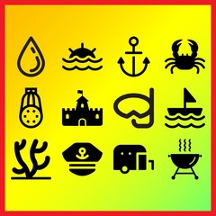 Sea drop, barbecue with smoke and captain related icons set