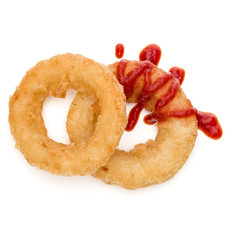 Crispy deep fried onion or Calamari ring with ketchup isolated on white background