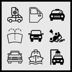 Simple 9 icon set of car related ship, accident, car and windshield vector icons. Collection Illustration