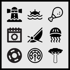 Simple 9 set of Summer related jellyfish, floating tire, chicken leg and summer calendar vector icons