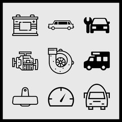 Simple 9 icon set of car related speedometer, car, limousine side view and trailer car vector icons. Collection Illustration