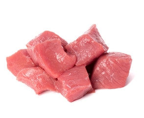 Raw chopped beef meat pieces isolated om white background cut out.