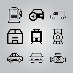 Simple 9 icon set of transport related box, car, engine and car heating vector icons. Collection Illustration