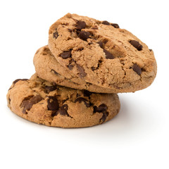 Three Chocolate chip cookies isolated on white background. Sweet biscuits. Homemade pastry.