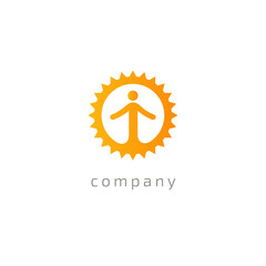 Logo with a children's camp. Vector Icon with kid and the sun.