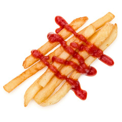French Fried Potatoes with ketchup isolated on white background