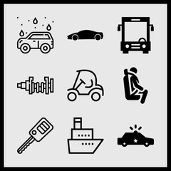 Simple 9 icon set of car related bus front view, car wash, crash test and car parts vector icons. Collection Illustration