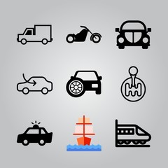 Simple 9 icon set of transport related metro, sailing ship, lorry side view and car vector icons. Collection Illustration