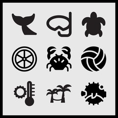 Fototapeta premium Simple 9 set of Summer related summer temperature, big turtle, scuba dive goggles and blowfish vector icons