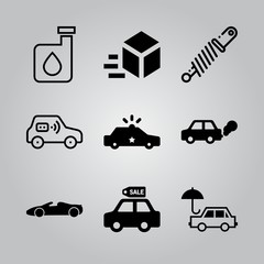 Simple 9 icon set of transport related sale car, police car, shock absorber and car vector icons. Collection Illustration