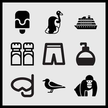 Simple 9 set of Summer related gorilla, perfume bottle, salt and pepper and seagull still vector icons