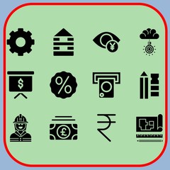 Simple 12 icon set of business related rupee, pound sterling, gear and building vector icons. Collection Illustration