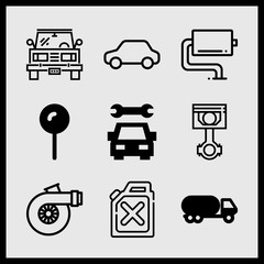 Simple 9 icon set of car related tanker, car, pin and car vector icons. Collection Illustration