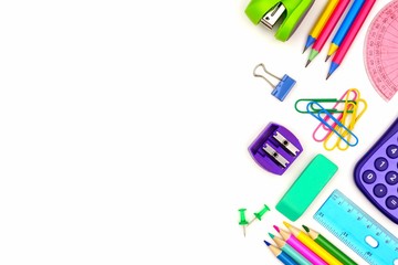School supplies side border isolated on a white background