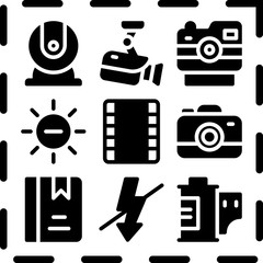 Simple 9 icon set of camera related [iconsRandom:4] vector icons. Collection Illustration