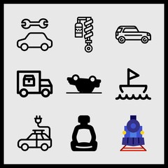 Simple 9 icon set of car related long car, safety seat, locomotive and car overturn vector icons. Collection Illustration