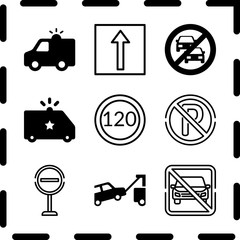 Simple 9 icon set of law related towed car, no parking sign, police van and speed limit vector icons. Collection Illustration