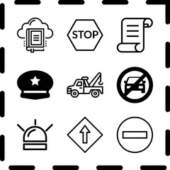 Simple 9 icon set of law related prohibition, tow truck, legal paper and stop vector icons. Collection Illustration